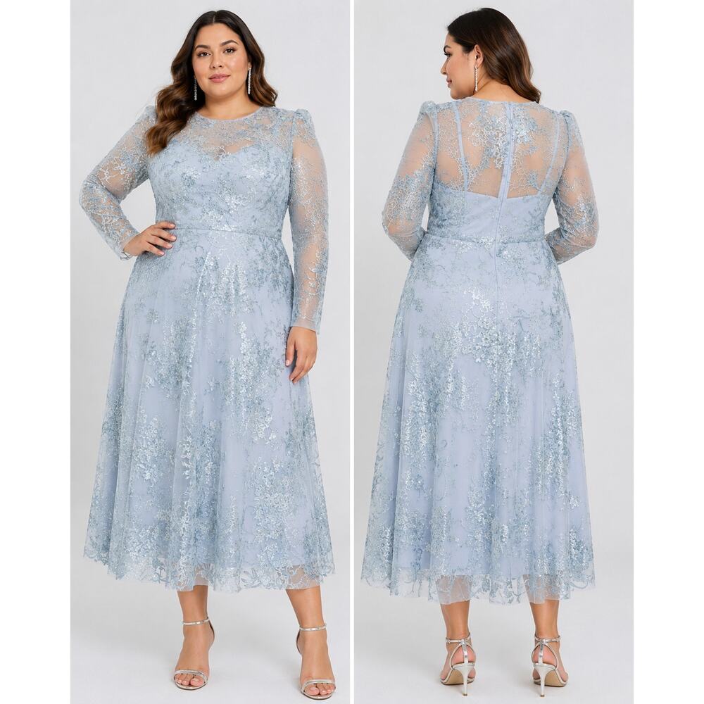 MAC DUGGAL Dress NEW Plus 24 Blue Lace Illusion Modest Midi Tea Length Embroider - Picture 10 of 10